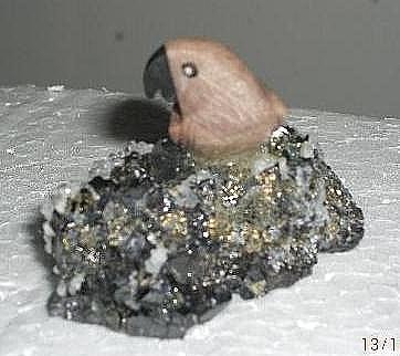 Papagei auf Stein, Höhe ca. 4 cm (Hämatit & Quarz), Button Angebote, Code AC 24